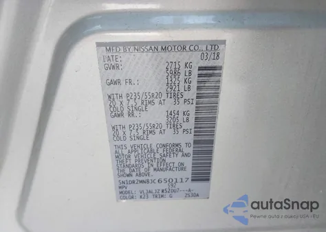 2018 Nissan Pathfinder Platinum z USA, uszkodzony, nr VIN 5N1DR2MN8JC650117